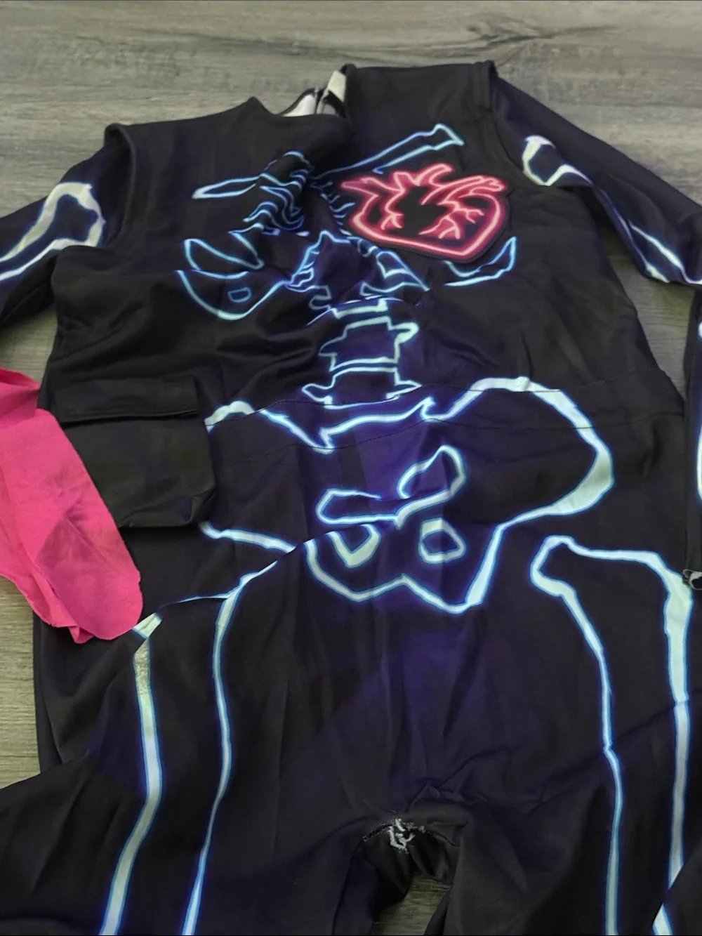 Fortnite Skeleton Jumpsuit Costume for Kids - Black with Blue and Pink Accents